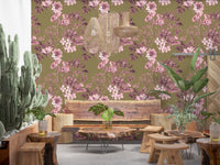 Cafe area setup using Heirloom Rose Olive wallpaper with soft blooms