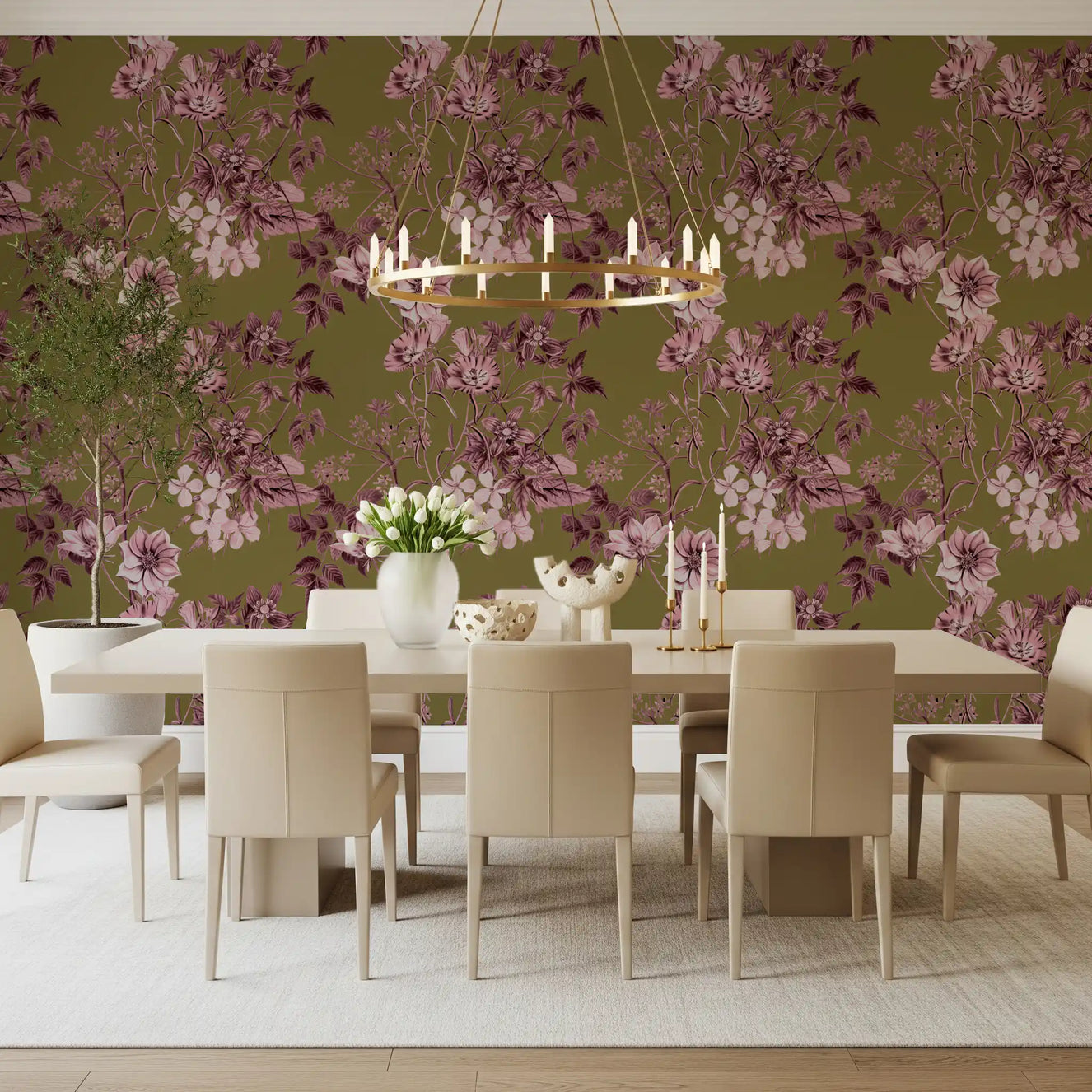 Dining area view featuring Botanical Blush wallpaper and soft floral detail