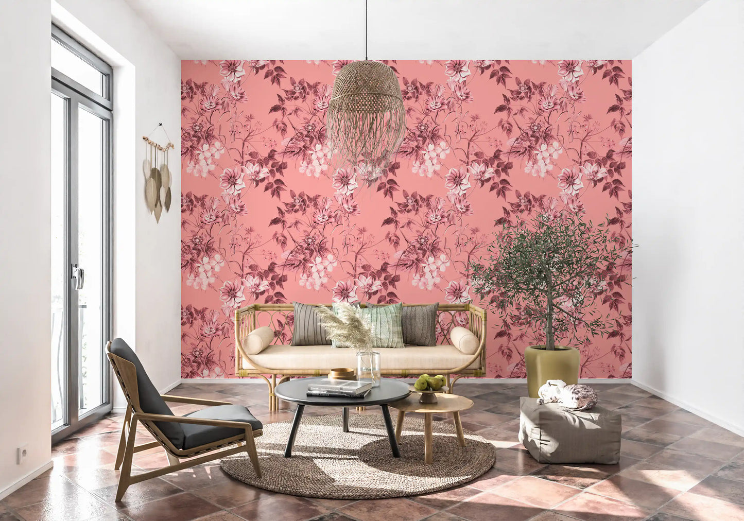 Home pink Flower Prints wallpaper with soft botanical sketch styling