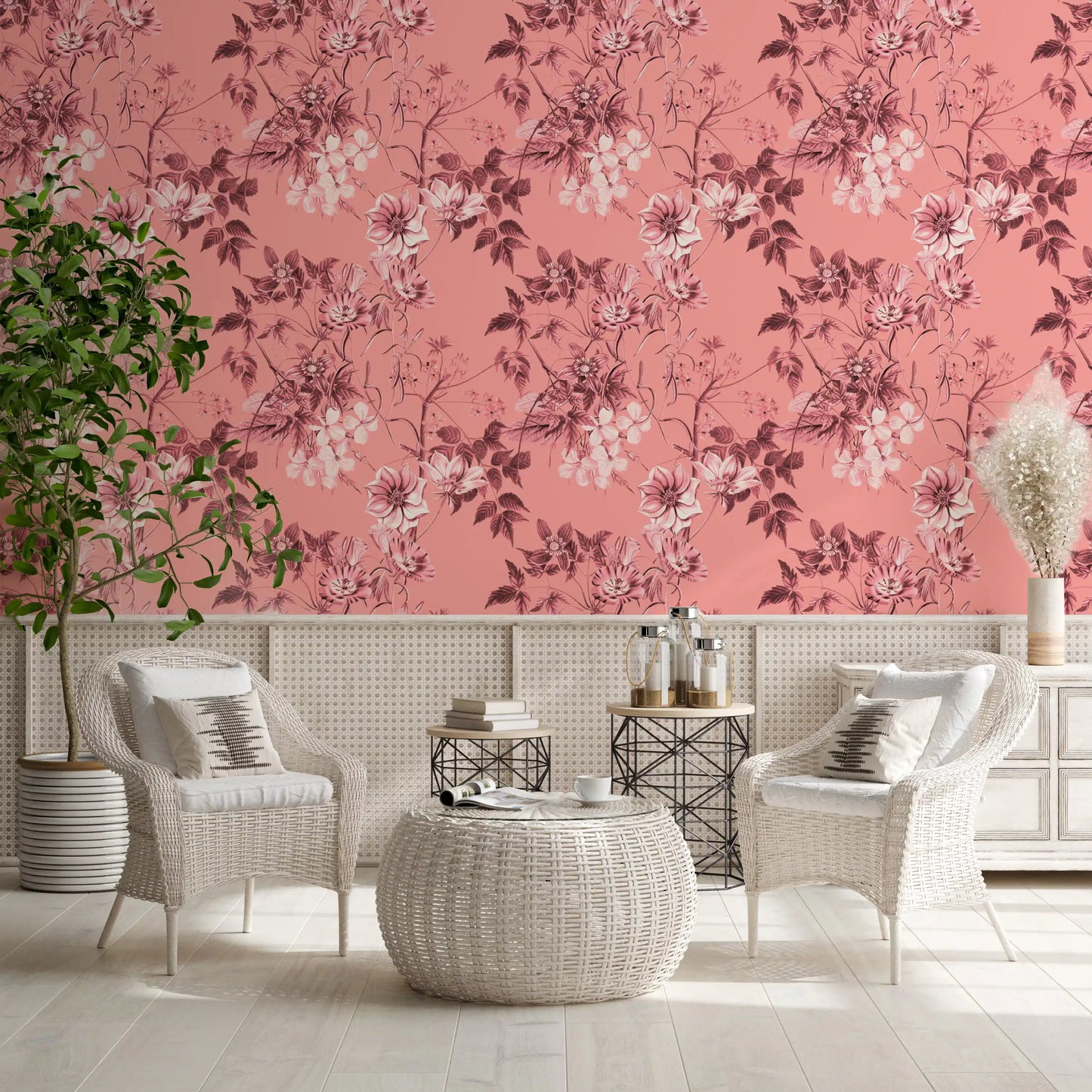 Hallway blush Flower Prints wallpaper with neat botanical detailing