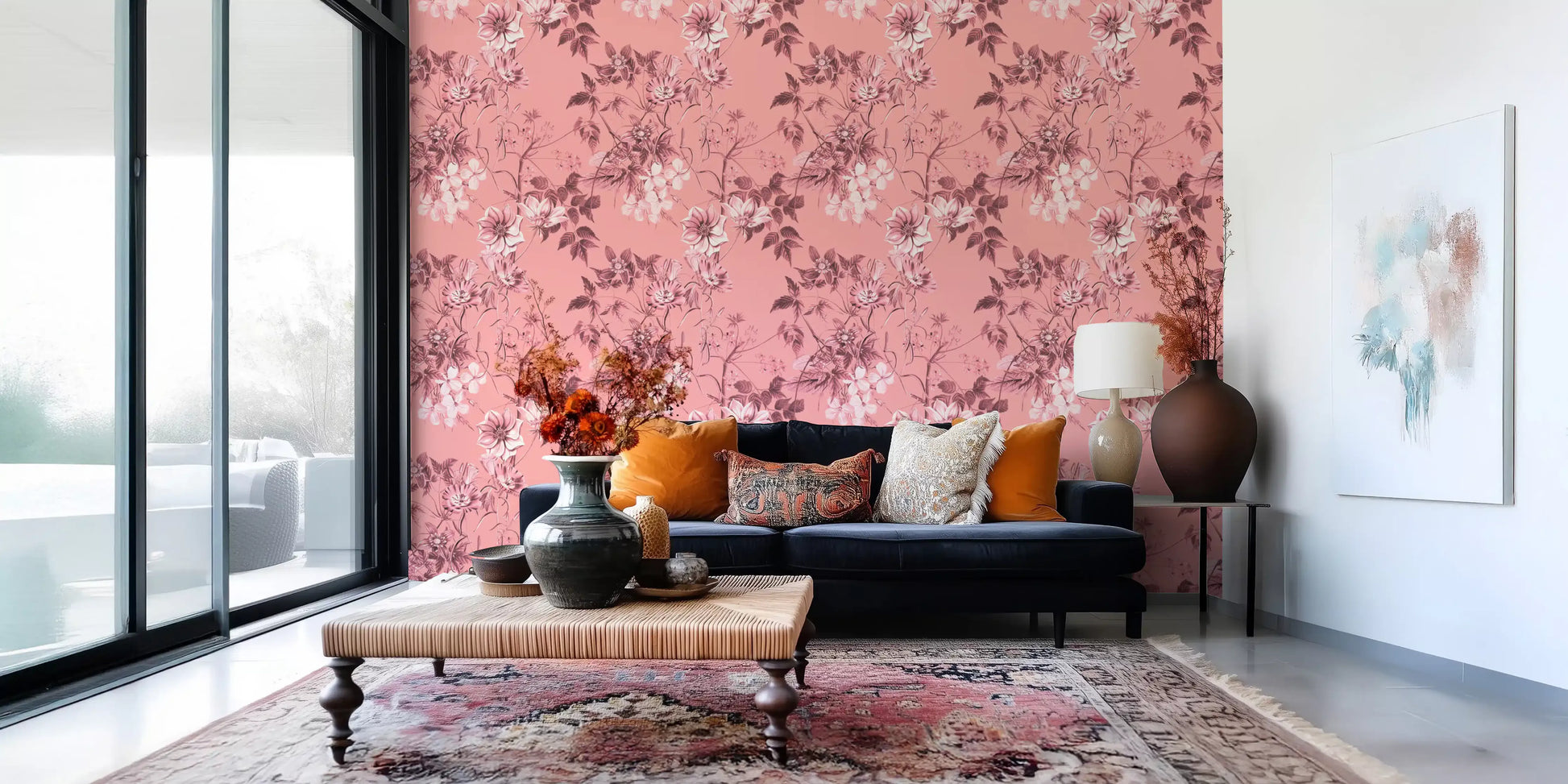Soft sketch wallpaper with Blushing Flower pattern and leafy flower art