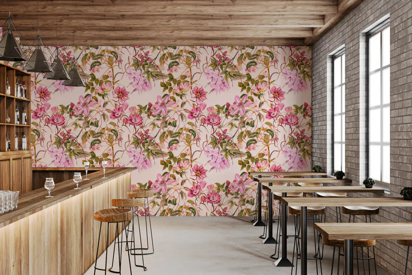 Dining area wall shows Floral Elegance wallpaper in soft botanical colour