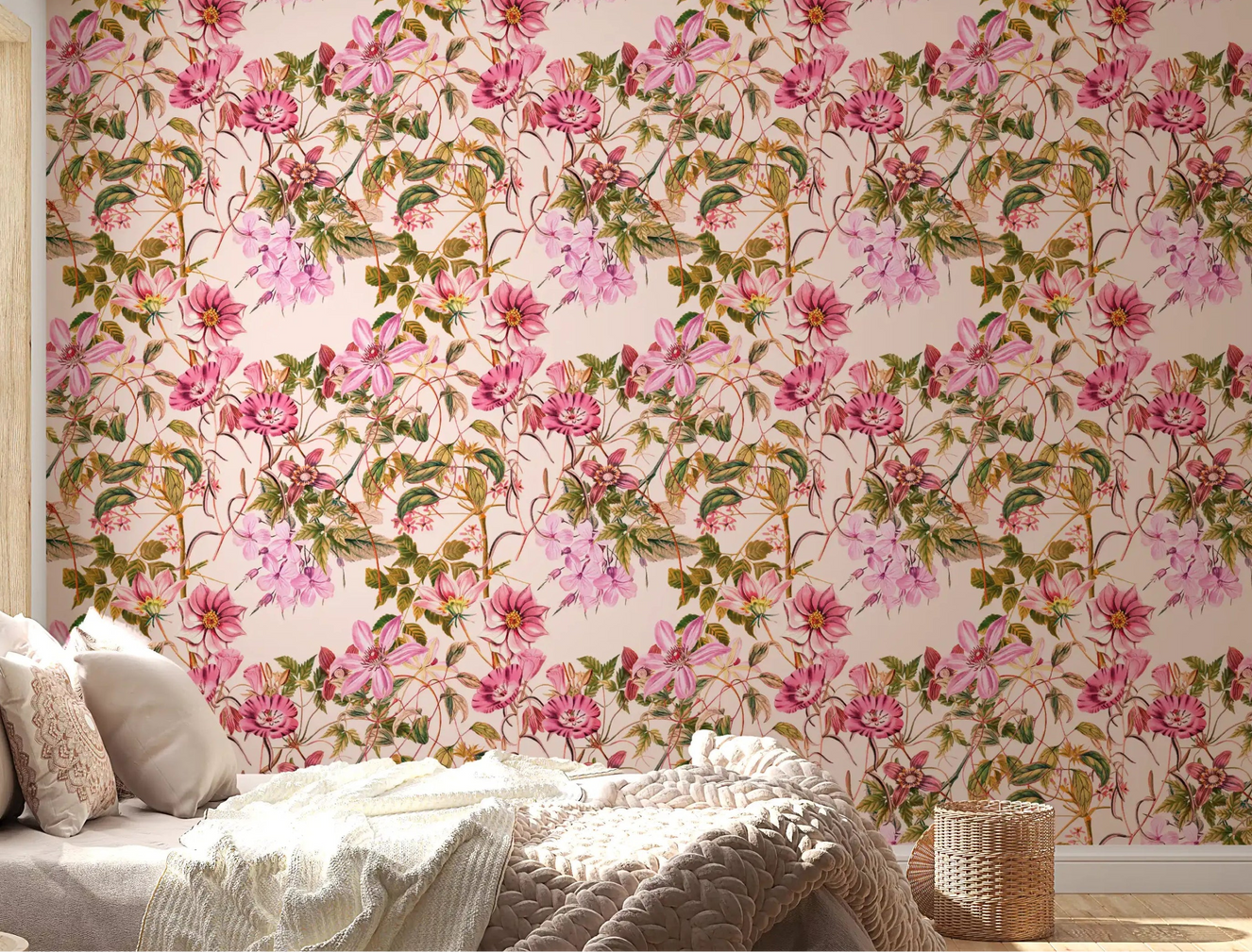 Bedroom Floral Elegance wallpaper with pink flowers and leafy vines