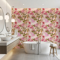 Pink botanical wallpaper with Floral Elegance flowers on pale background