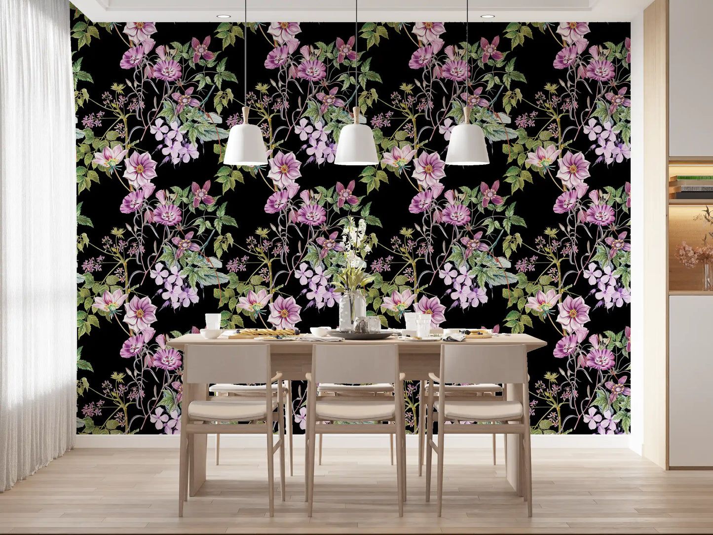 Dining room styled with Victorian Vine wallpaper and detailed flower vines
