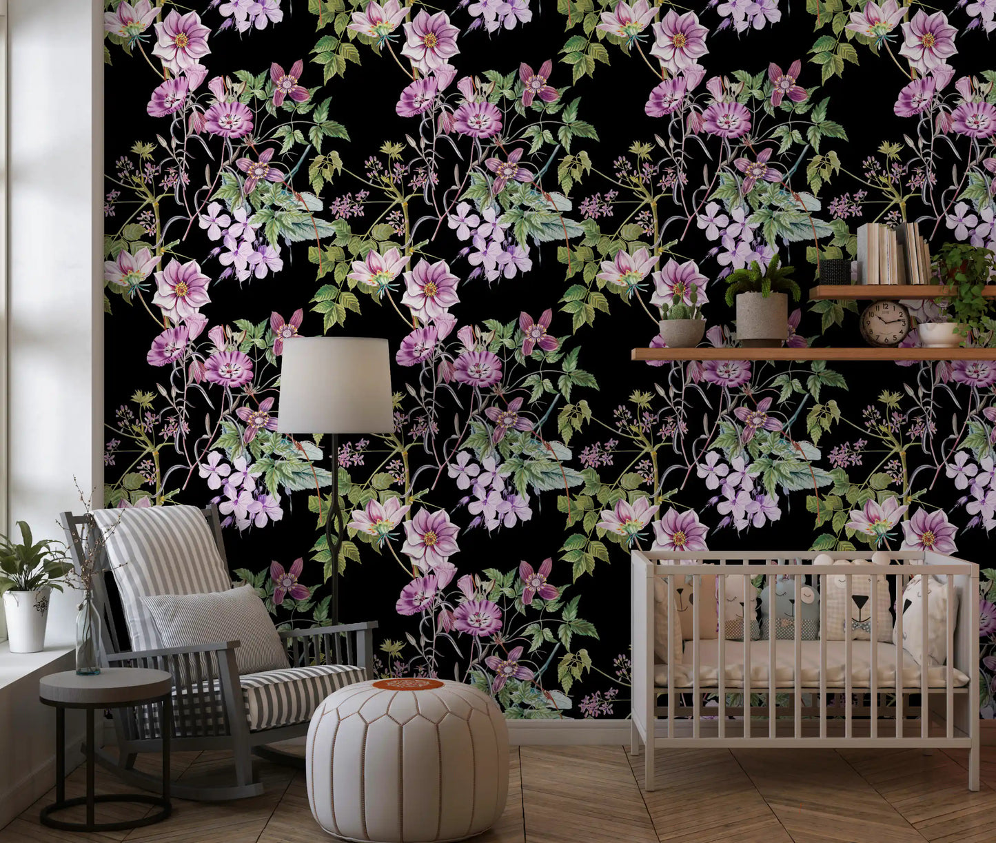 Purple flower wallpaper with Victorian Vine detail across a dark ground