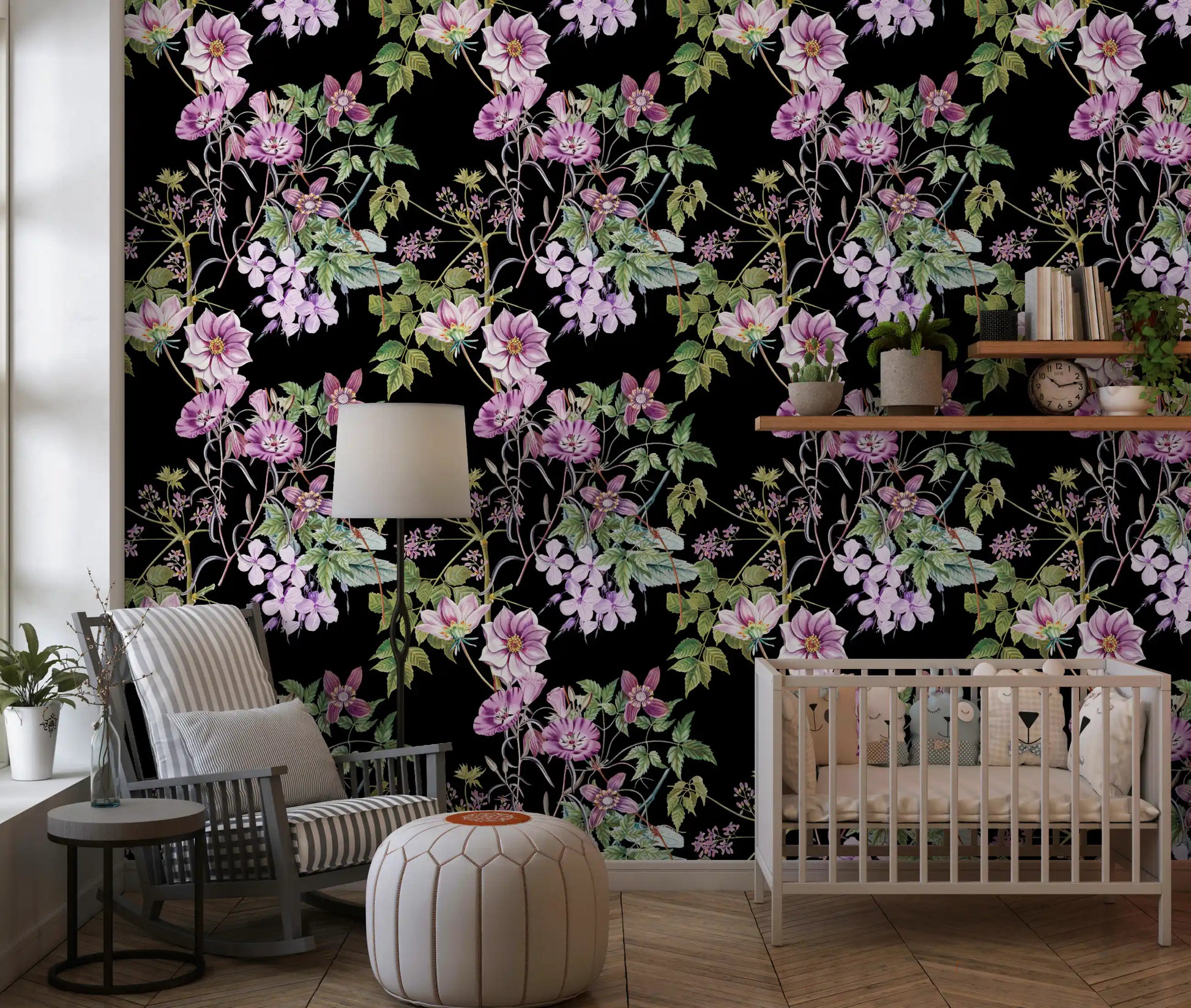 Purple flower wallpaper with Victorian Vine detail across a dark ground