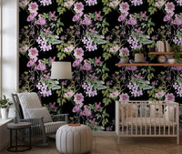 Purple flower wallpaper with Victorian Vine detail across a dark ground
