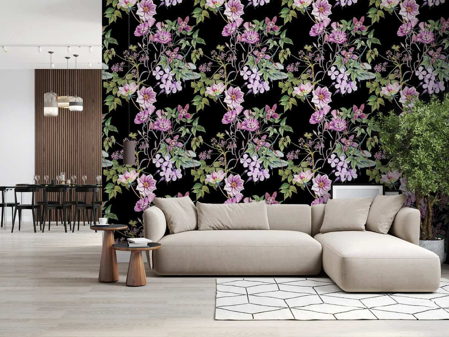 Dark floral wallpaper with Victorian Embrace vines and garden-style detail