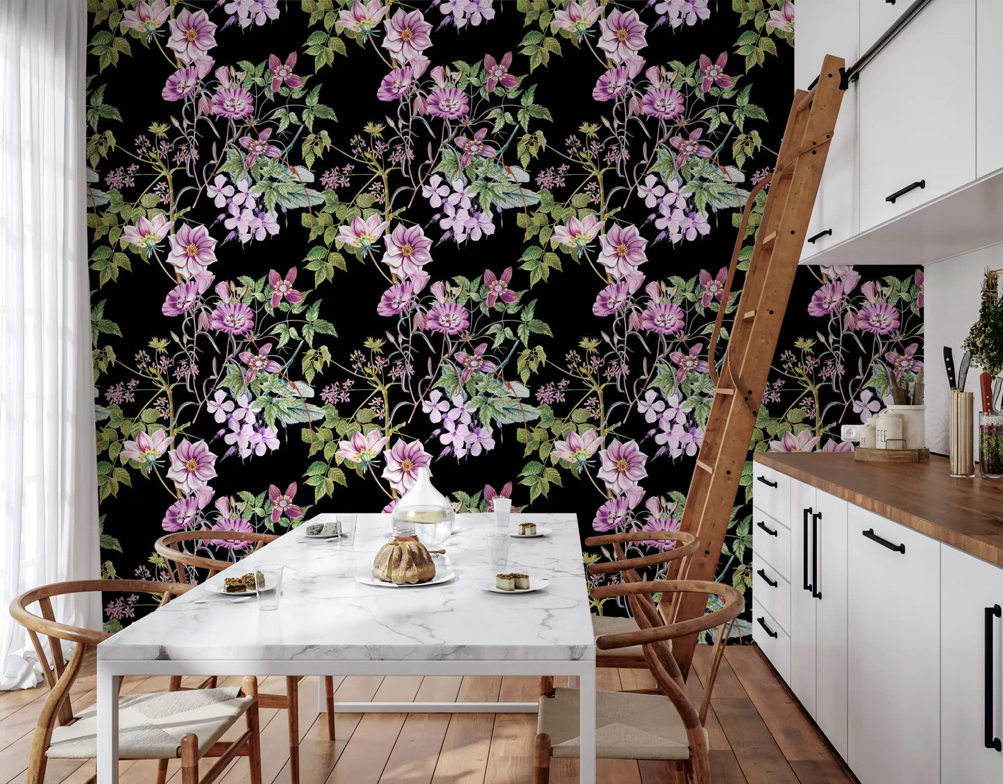 Kitchen Victorian floral wallpaper featuring leafy vines and soft blossoms