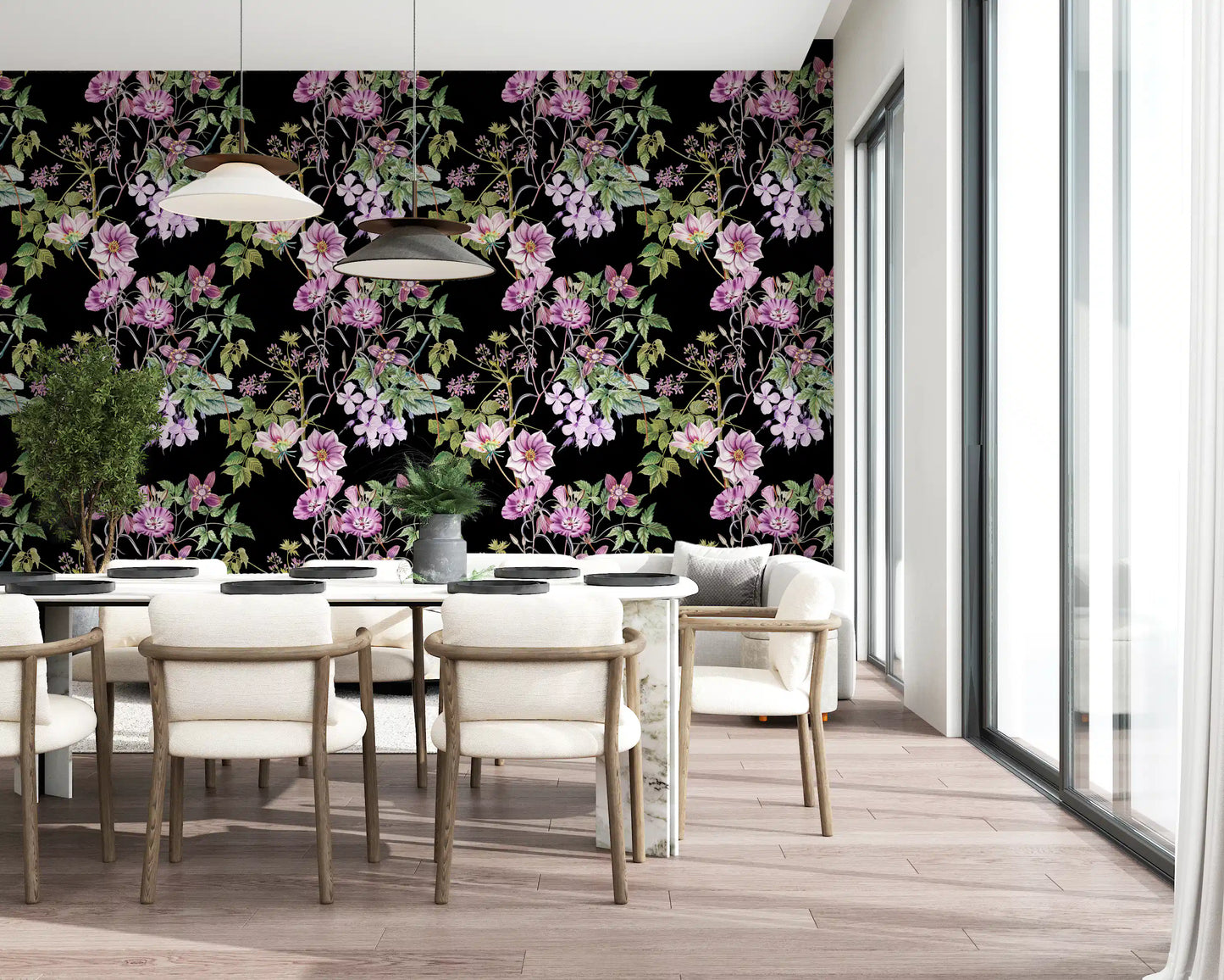 Vintage vine wallpaper showing Victorian Vine flowers on black backdrop