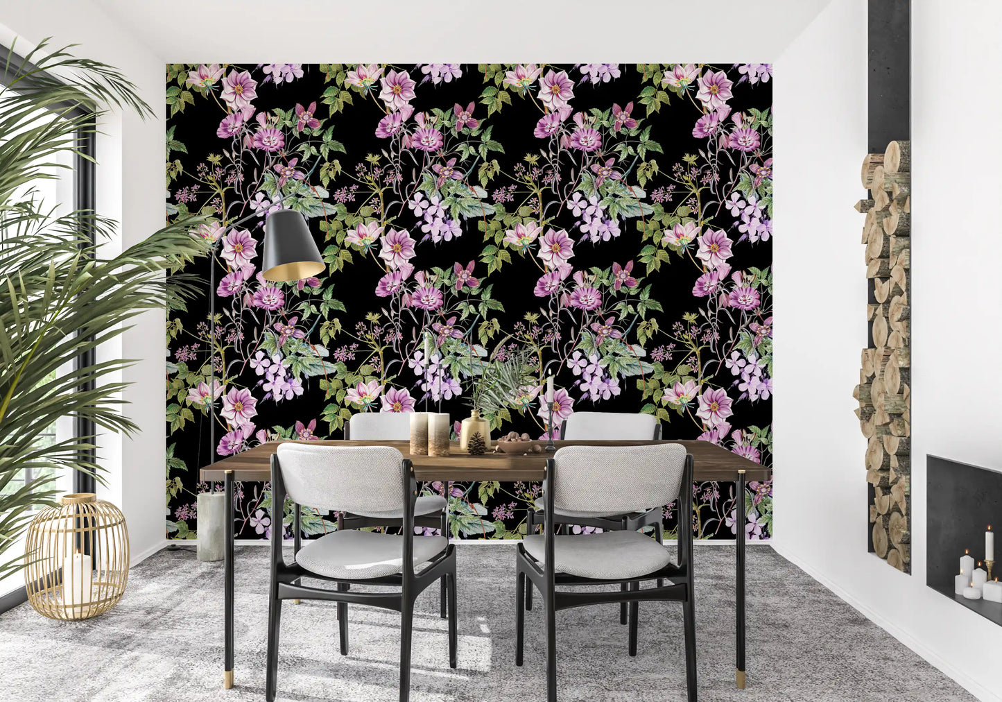 Black base wallpaper carrying Victorian Vine Embrace blossoms and foliage