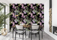 Black base wallpaper carrying Victorian Vine Embrace blossoms and foliage