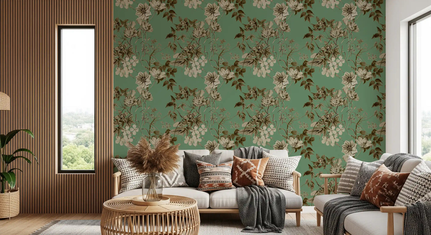 Elegancia botánica en tonos sepia y jade. Wallpaper⁠