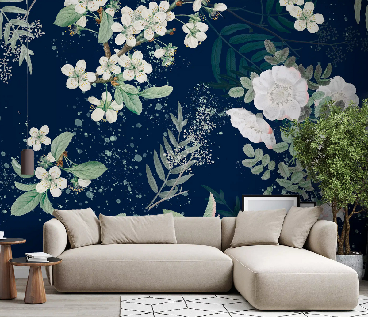 Navy florals fill the living room with the Star-lit Flower Garden wall mural.
