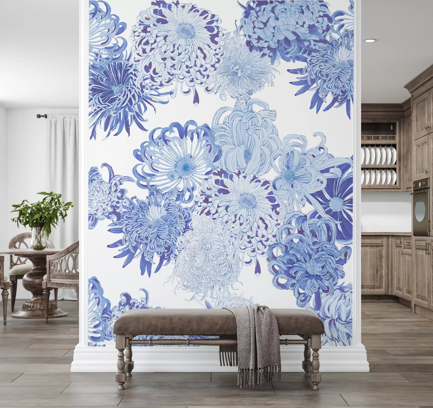 Blue Chrysanthemum Cascade Wall Mural