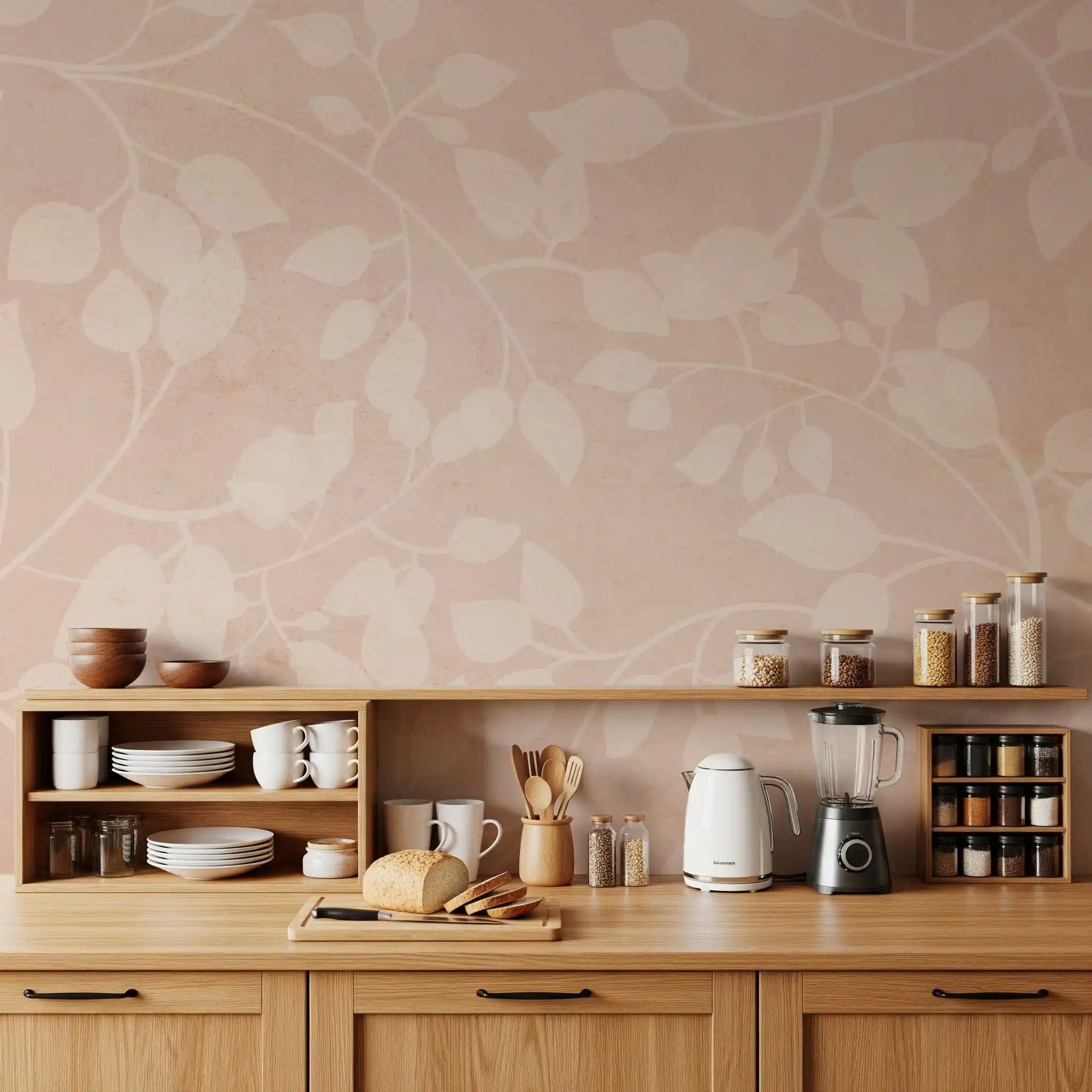 Pale botanical pattern lifts a timber kitchen with the Botanical Embrace Blush wall mural