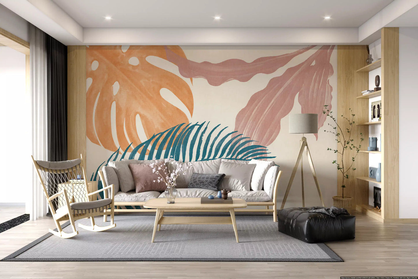 Lounge corner gets a warm tropical touch from the Subtle Botanical Flow wall mural.