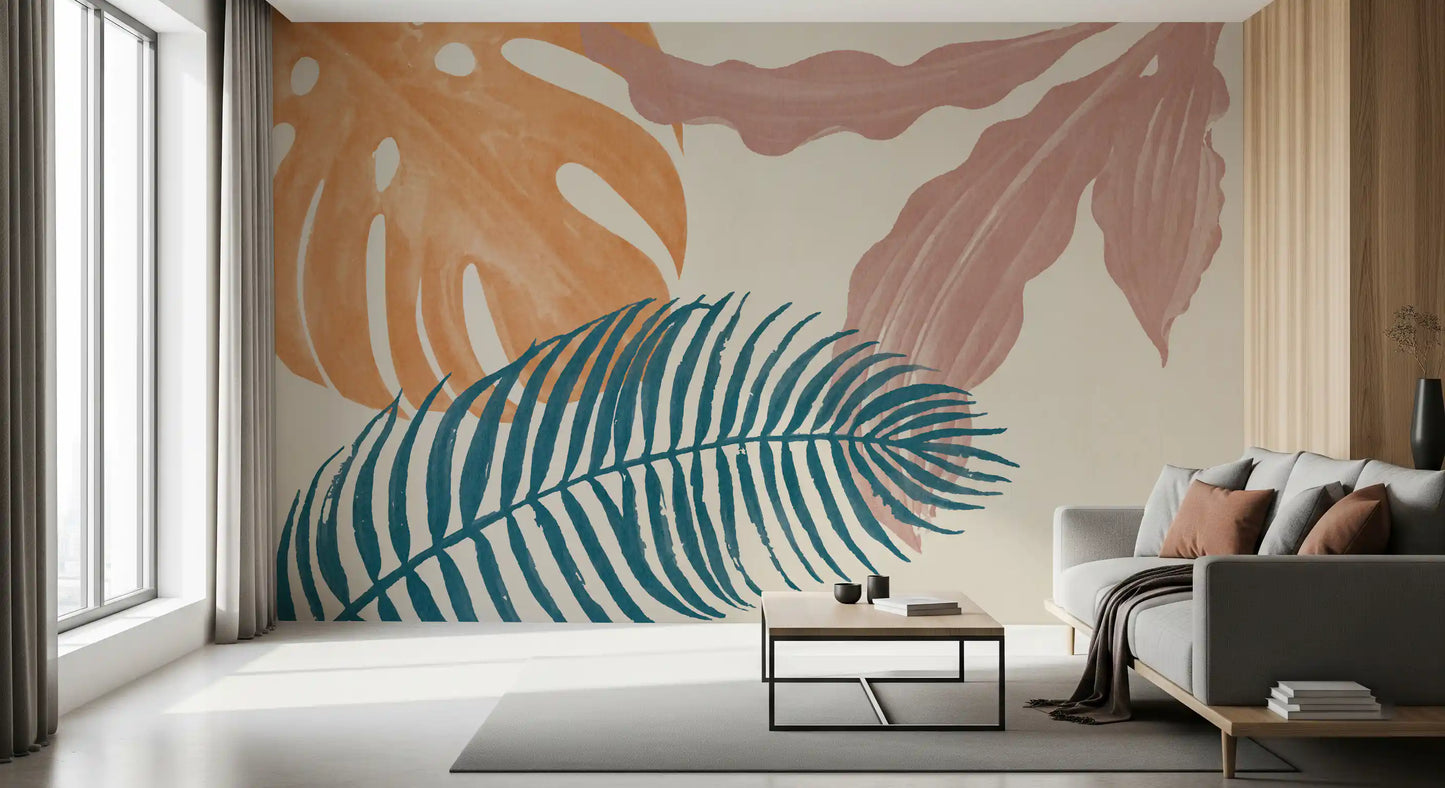 Living room shows a gentle palm and monstera mix in this Botanical Flow wall mural.