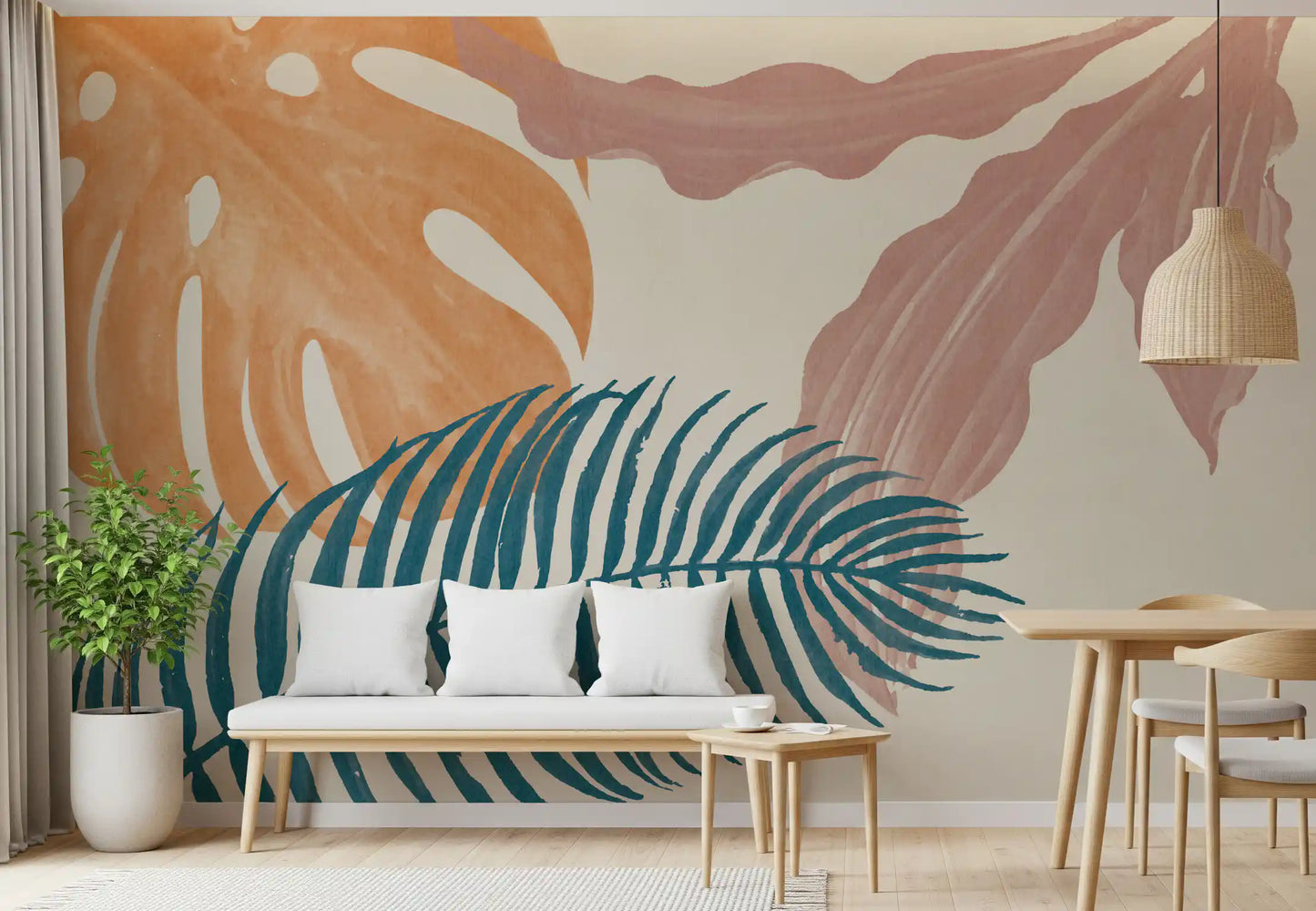 Navy palm frond curves below the monstera shape on the Botanical Flow wall mural.