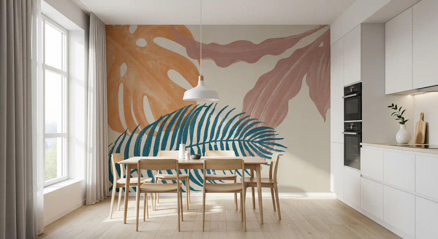 Watercolour leaves in ochre, mauve, and navy fill the Botanical Flow wall mural.
