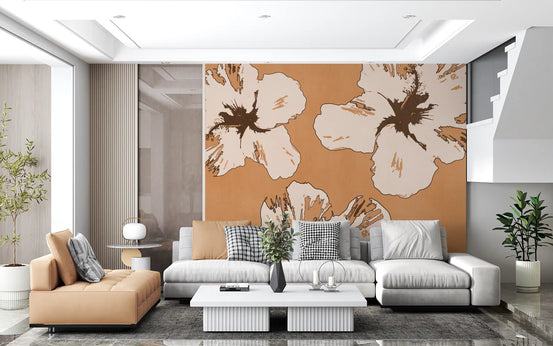 Living room glows in caramel under the Warm Mix of Hibiscus wall mural.