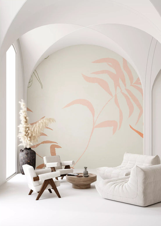 Arched entryway styled with the Ethereal Fronds wall mural in blush and olive tones.