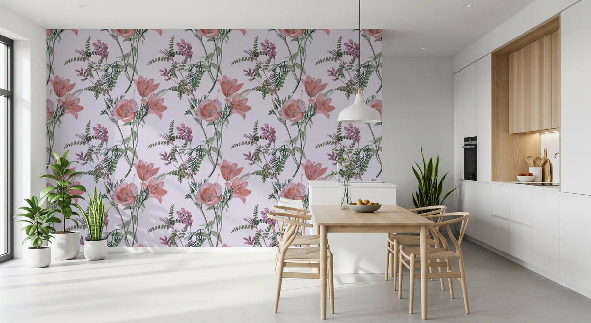 Whispers from the Lilac Garden wallpaper warms a dining room with pink lily blooms.