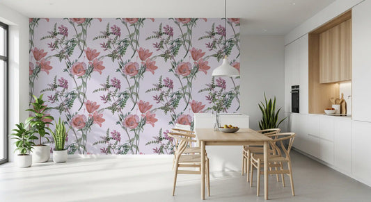 Whispers from the Lilac Garden wallpaper warms a dining room with pink lily blooms.