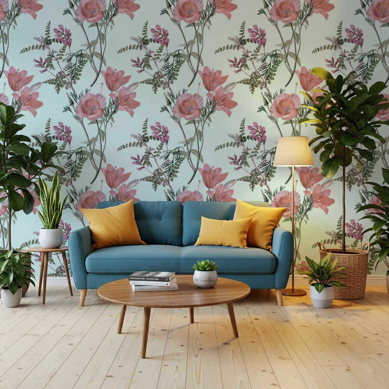 Hallway with Vintage Blooming Serenity wallpaper in soft floral tones