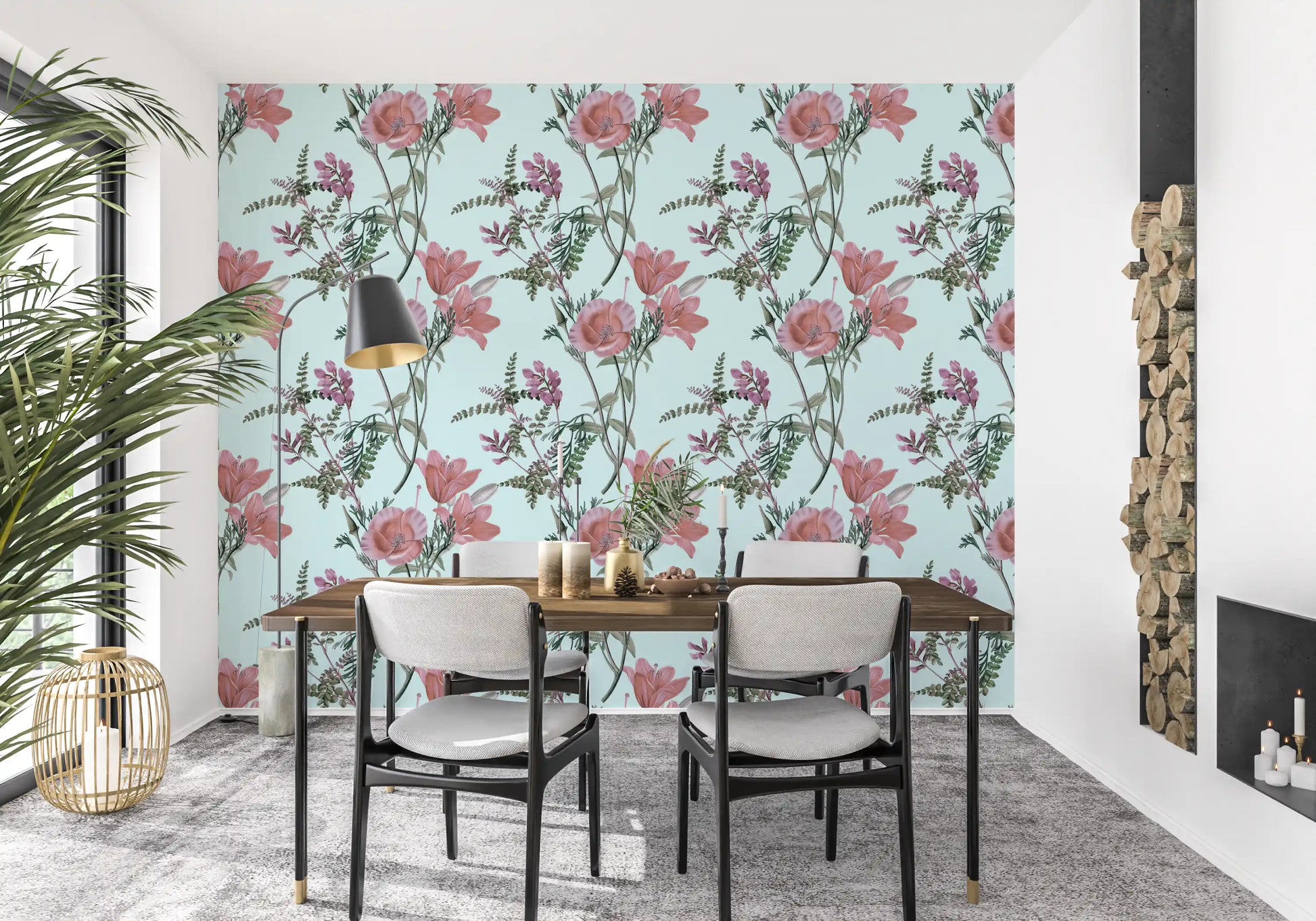 Floral Wallpaper with vintage petals and trailing leafy stems