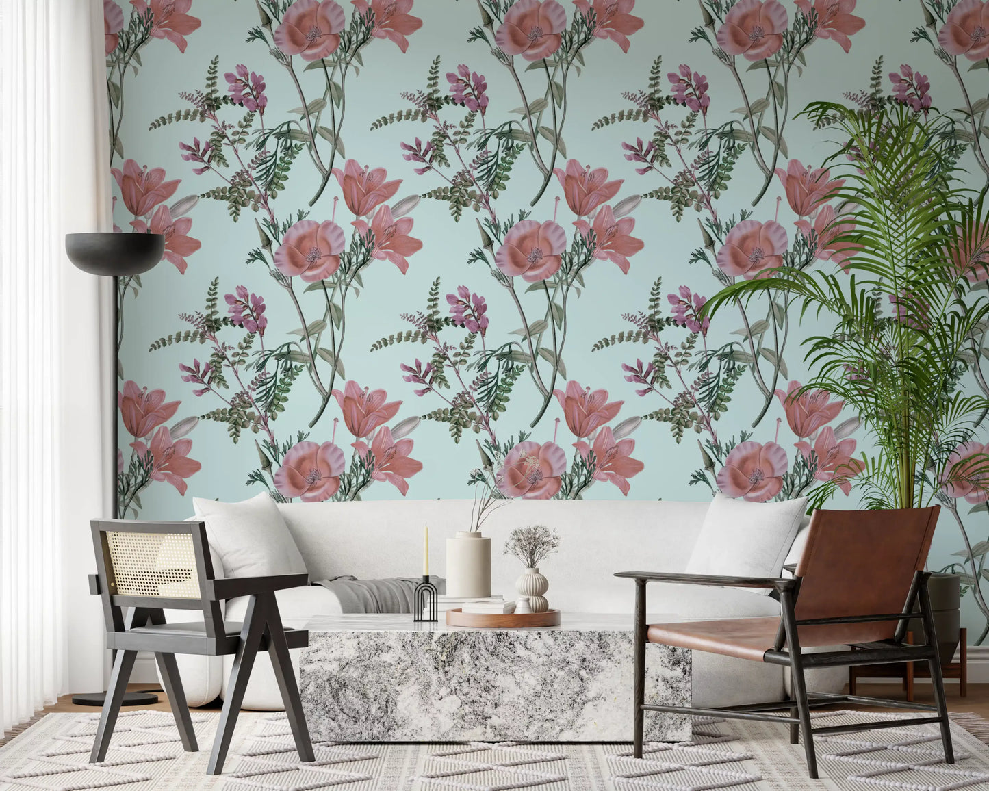 Home office featuring Blooming Serenity wallpaper on pale blue ground