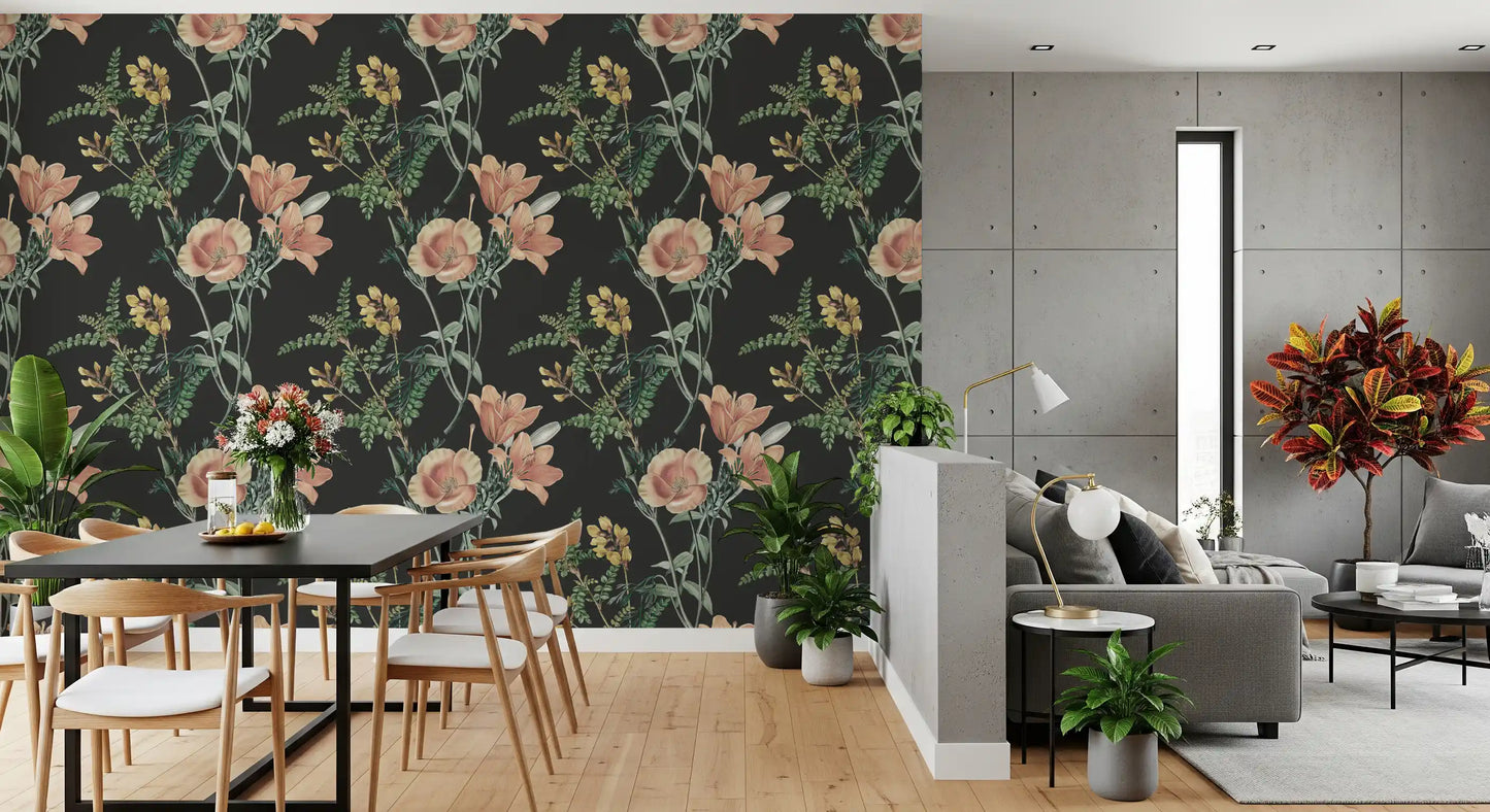 Dark floral wallpaper with Traditional Botanical detailed plant elements
