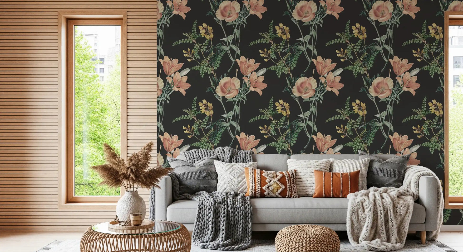 Traditional Botanical wallpaper featuring peach flowers and green leaves