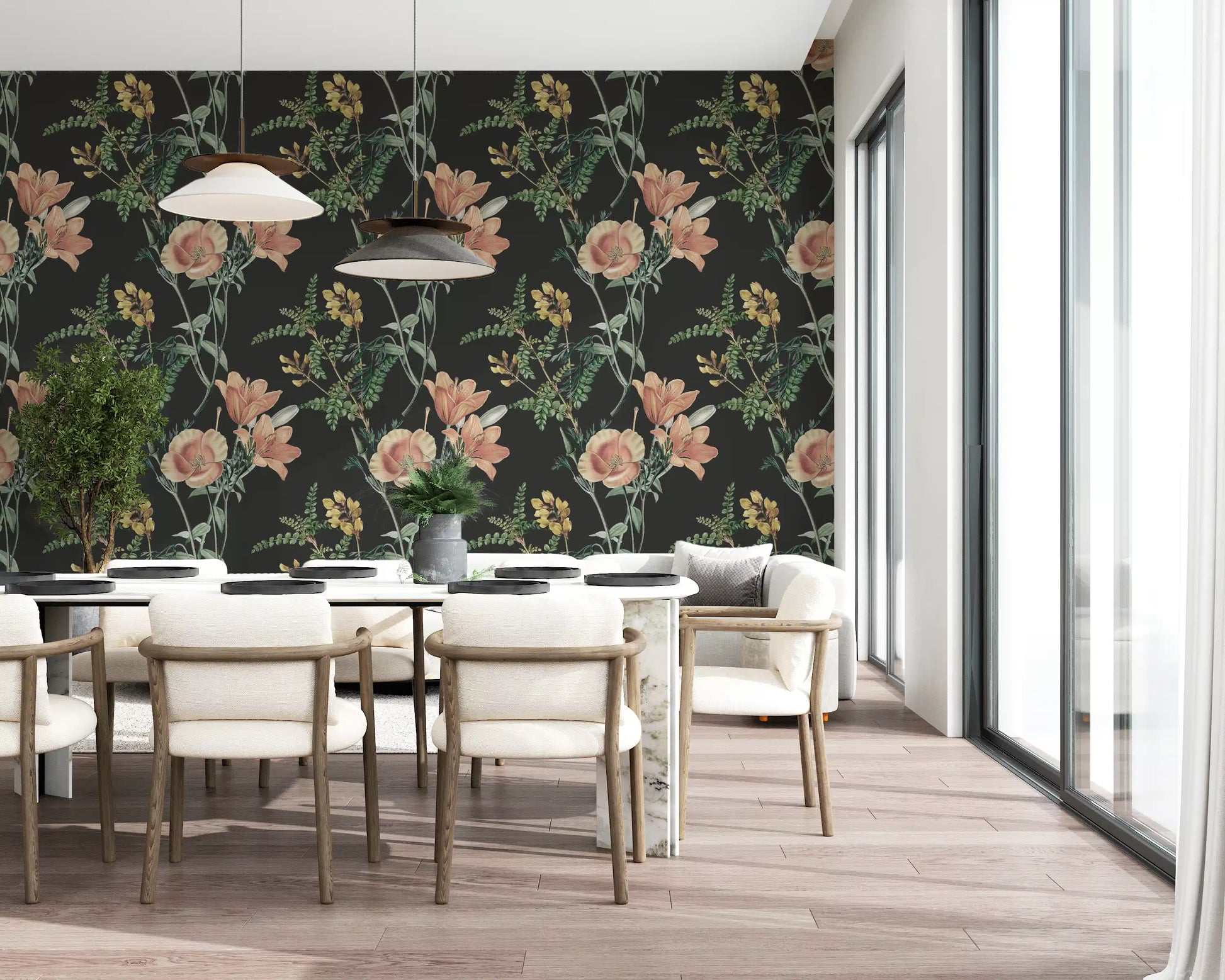 Dining area space using Traditional Botanical wallpaper with floral design