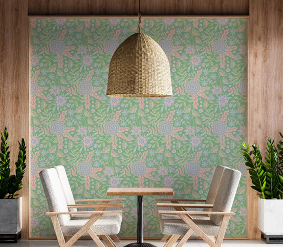 Buds and Blossom garden wallpaper with pastel florals for dining area