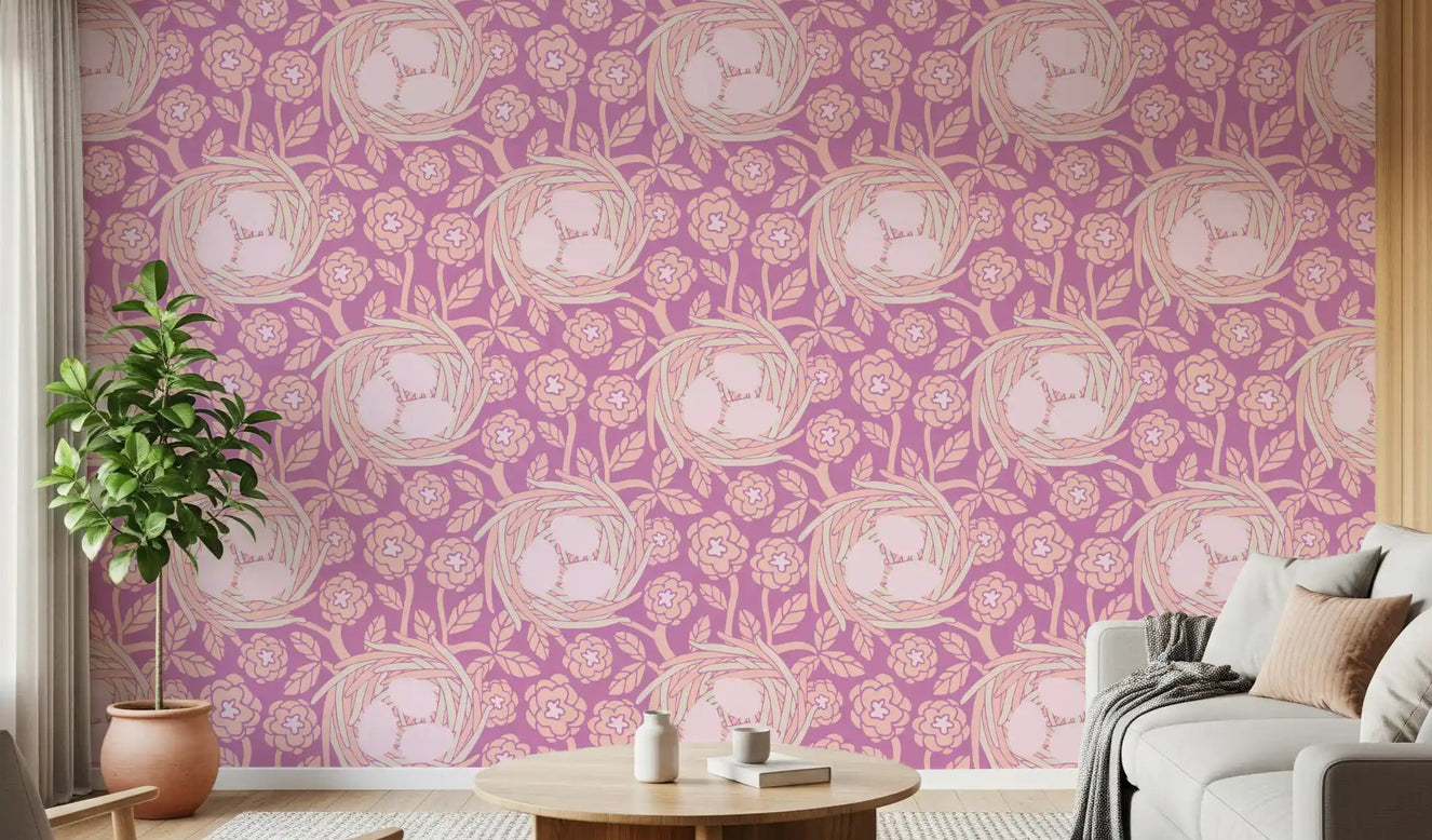 Hallway Cozy Nest wallpaper with blush mauve floral bird egg print