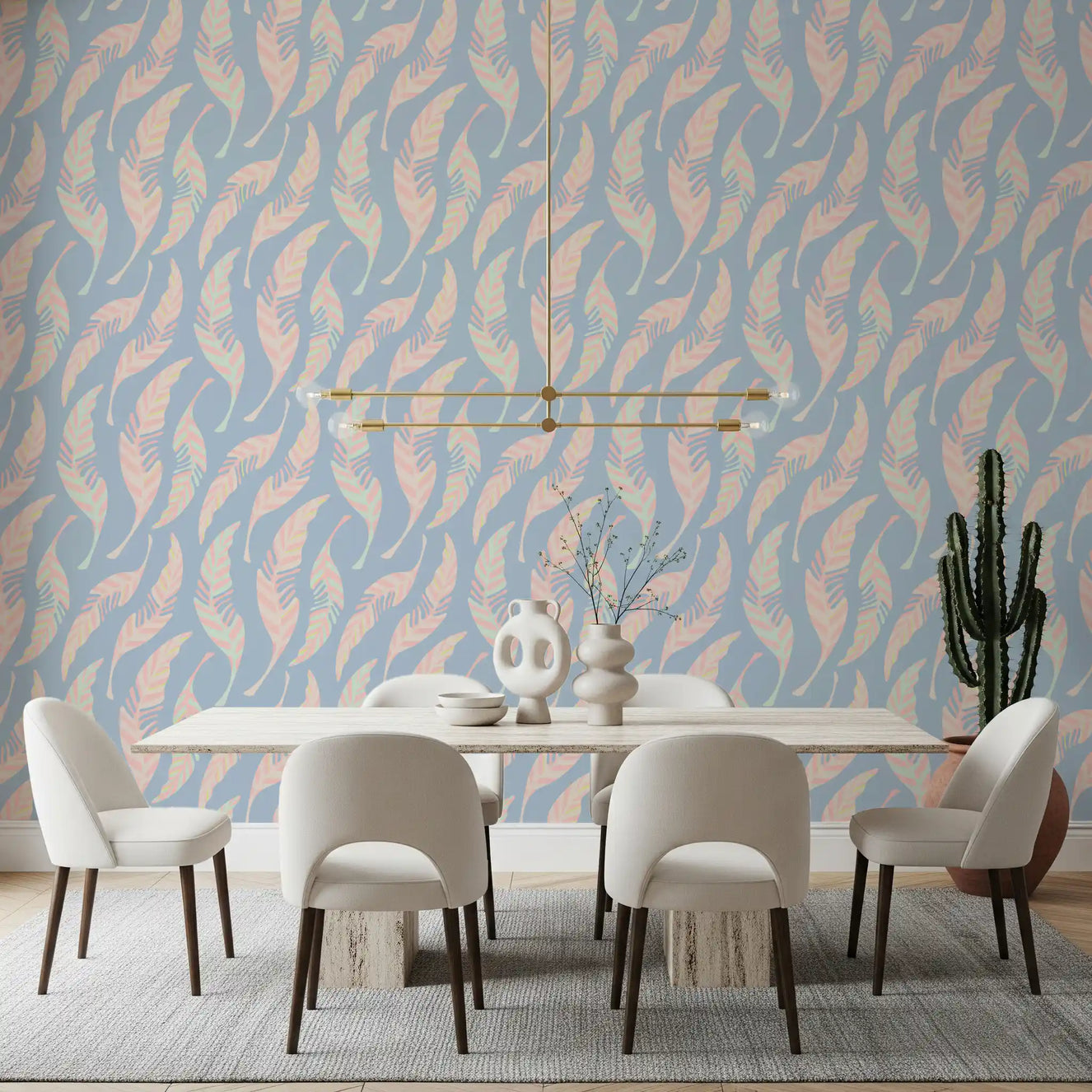 Dining room Cottagecore Feather wallpaper in pastel pink and blue tones