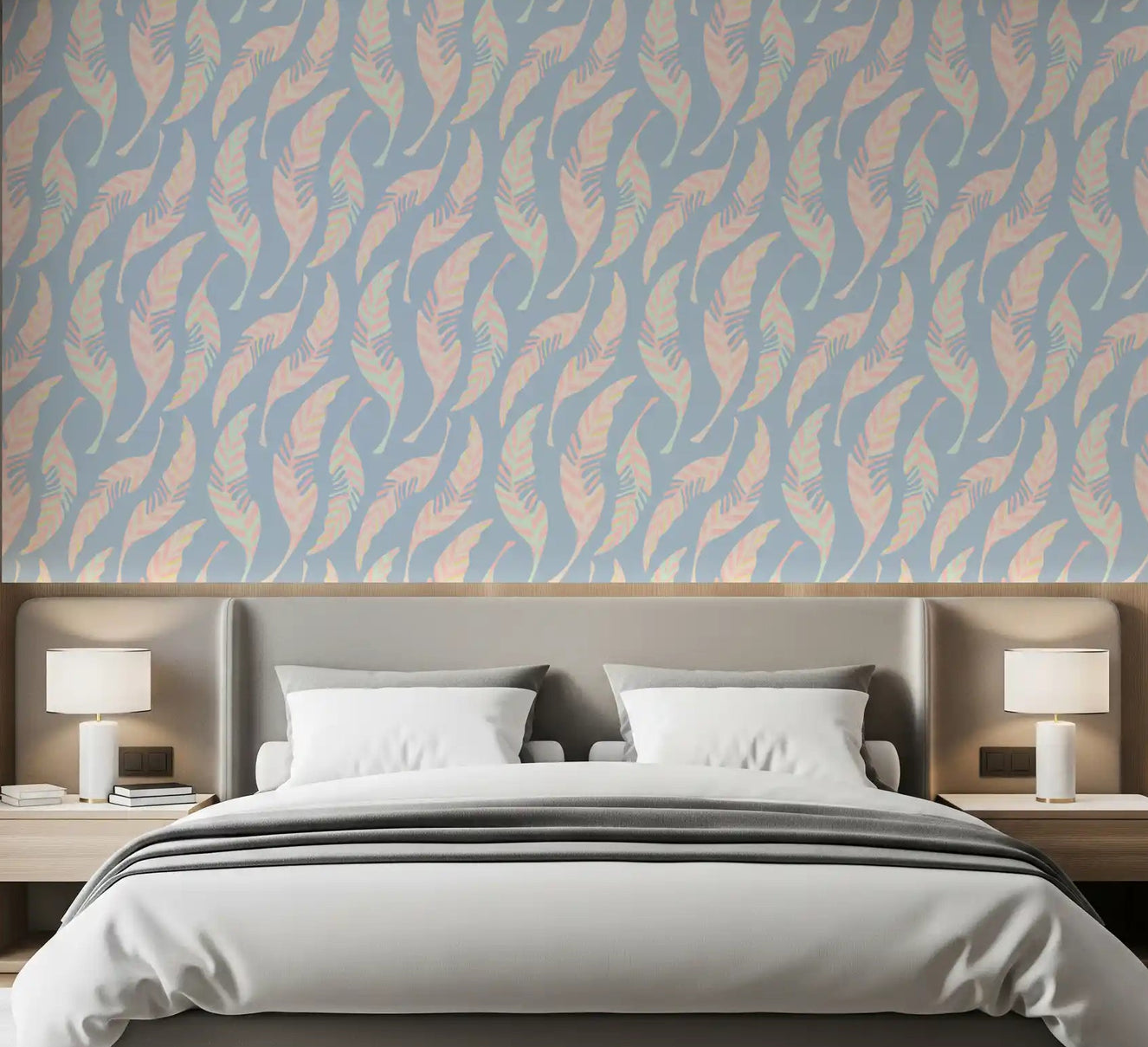 Bedroom Pastel Pink Blue Feather wallpaper with soft feather pattern
