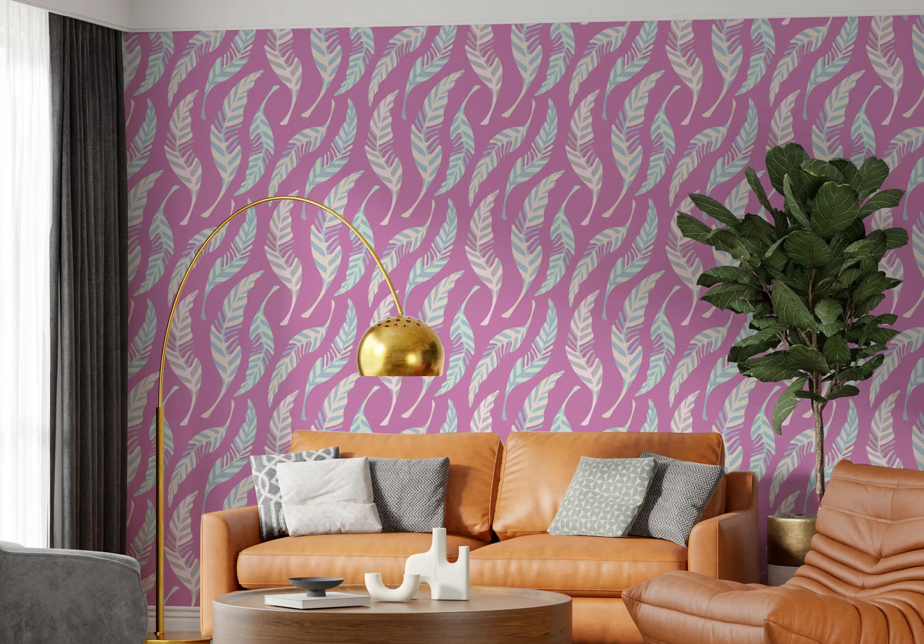 Home office Feather Pastel wallpaper with mauve pink and blue tones