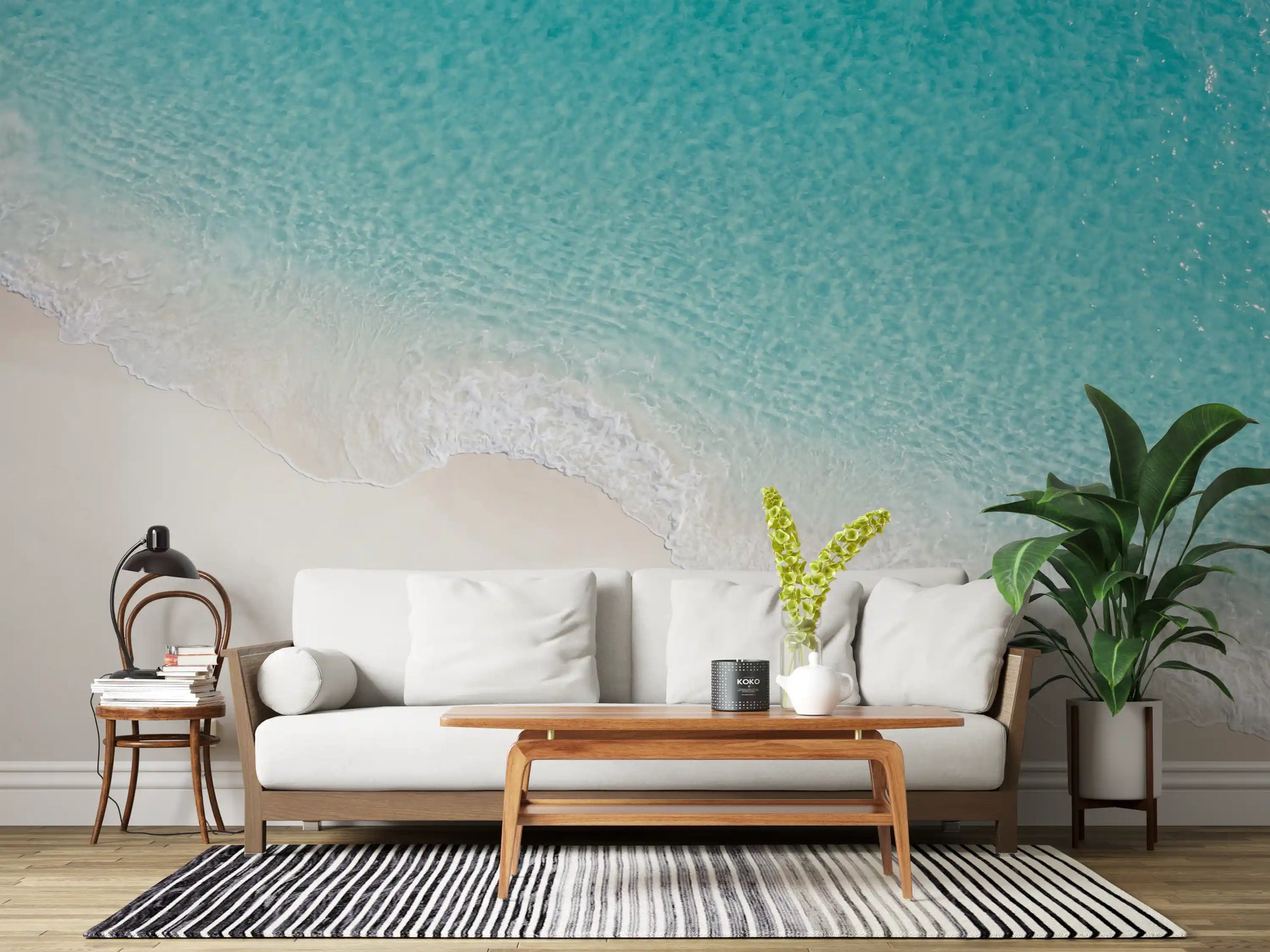 Ocean edge mural with Shoreline Bliss sand and aqua tones