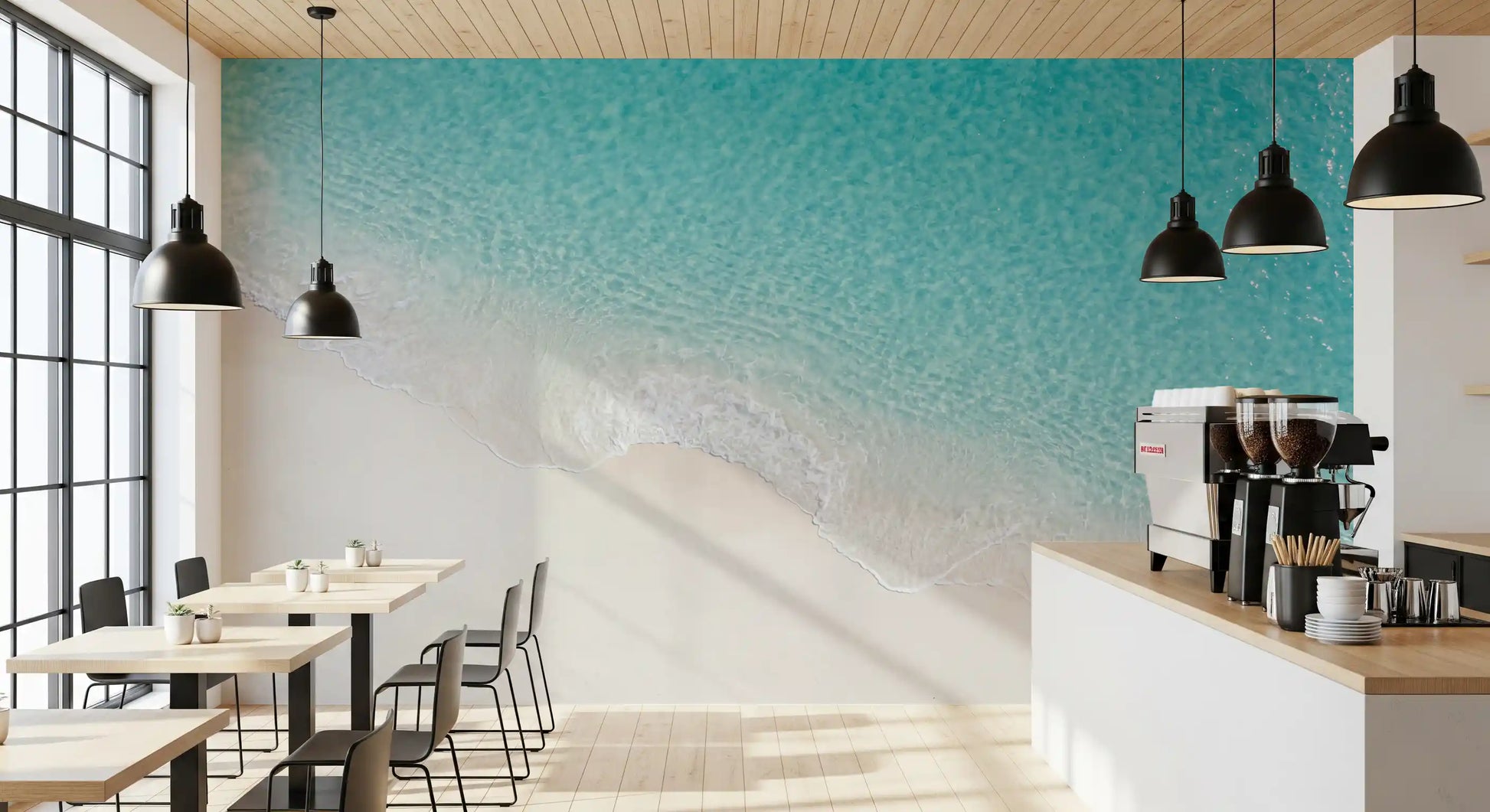 Cafe area Aqua Shoreline Bliss mural with calm coastal detail