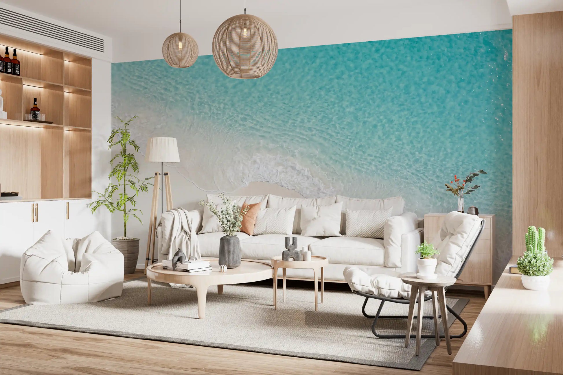 Living room Aqua beach wall mural featuring sand and ocean edge