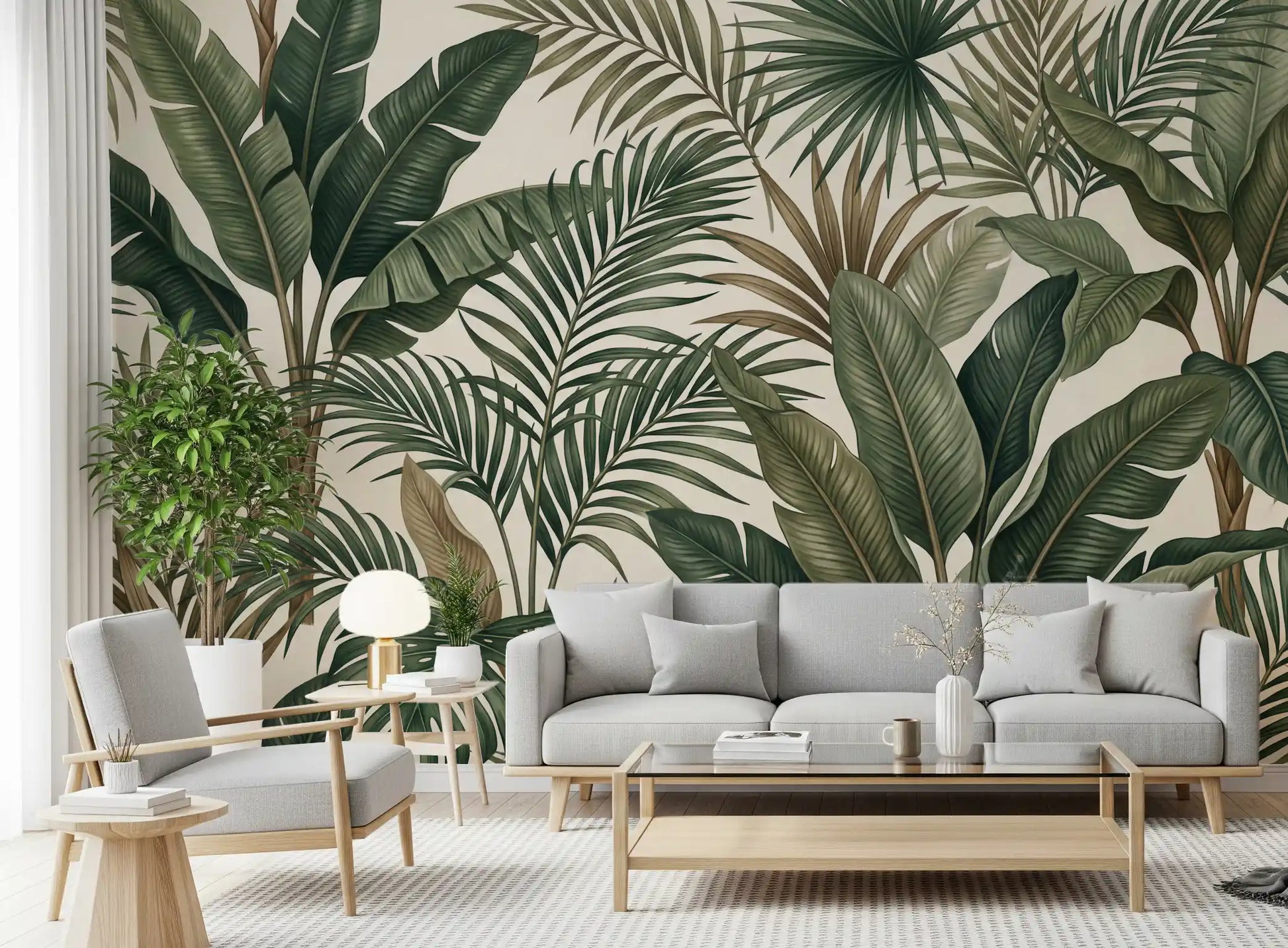 Living room styled with Lush Tropical wall mural and broad leaf pattern