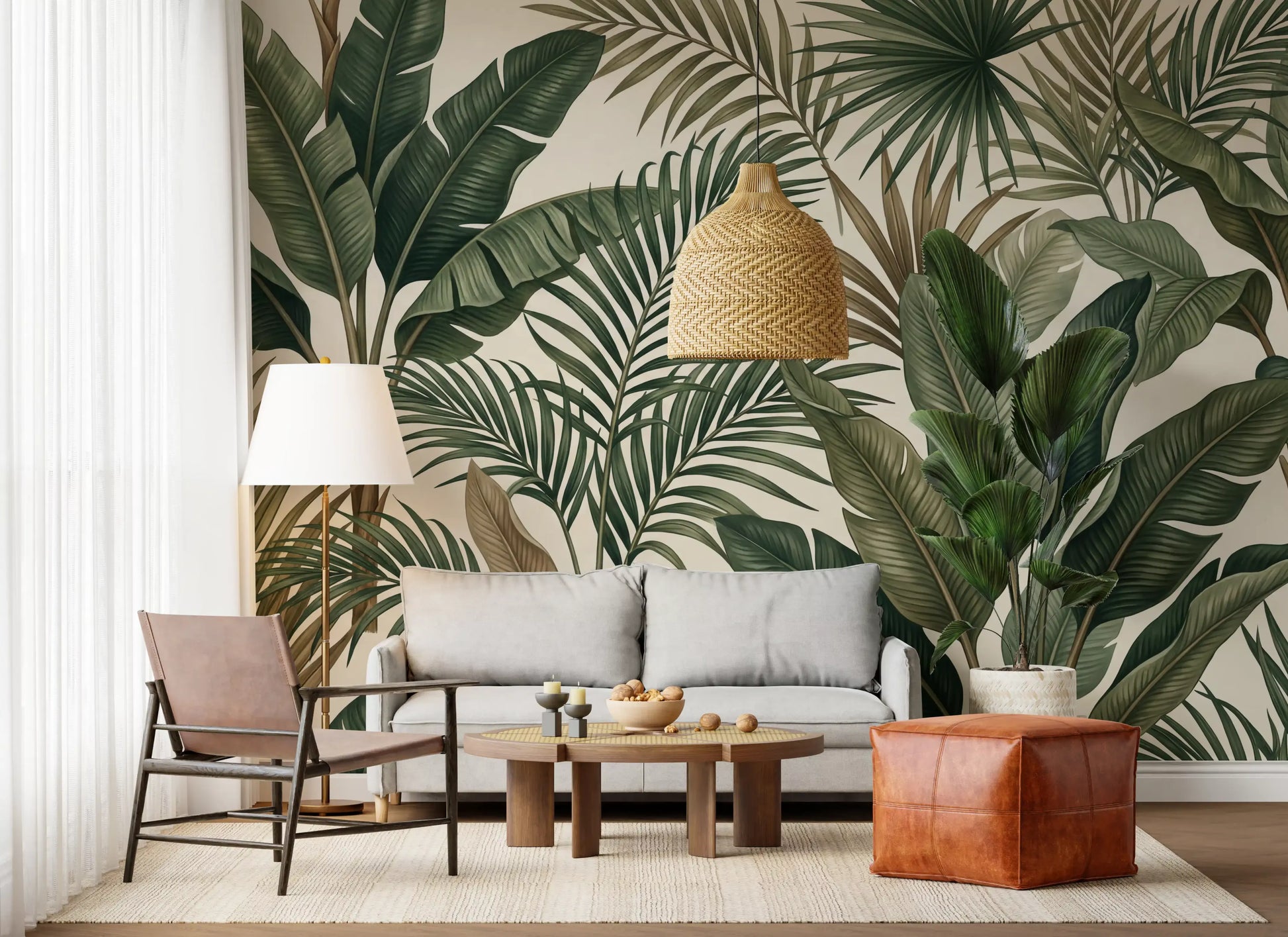 Hallway uses Tropical Leaf wall mural with soft botanical greenery