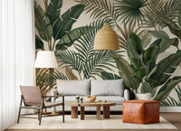 Hallway uses Tropical Leaf wall mural with soft botanical greenery