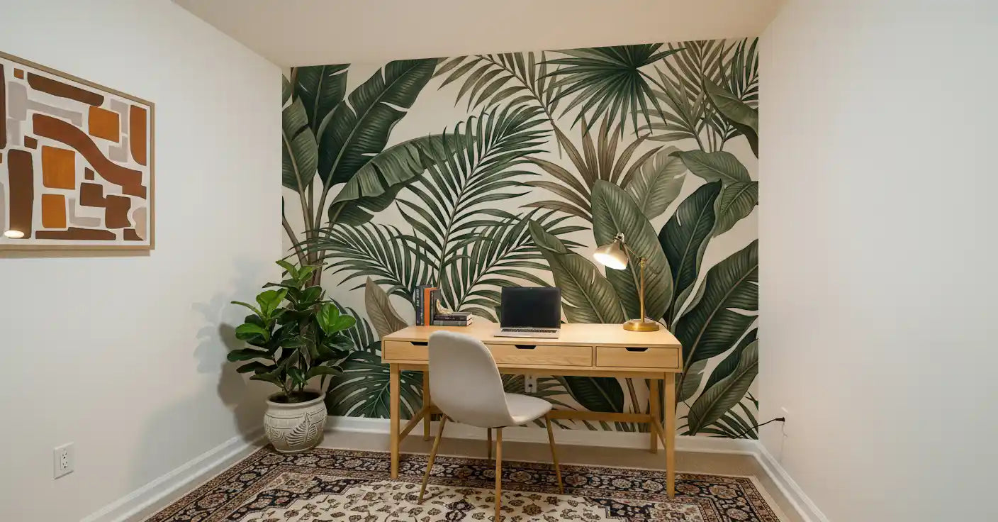 Lush Foliage wall mural featuring palm leaves on a neutral background
