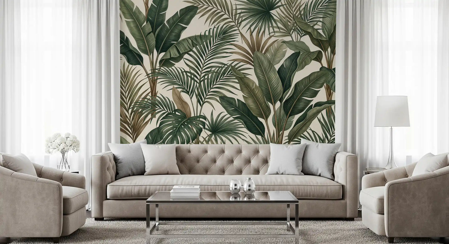 Banana leaf wall mural with Tropical Foliage and natural green texture