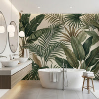 Bathroom design features Lush Foliage wall mural with layered palm detail