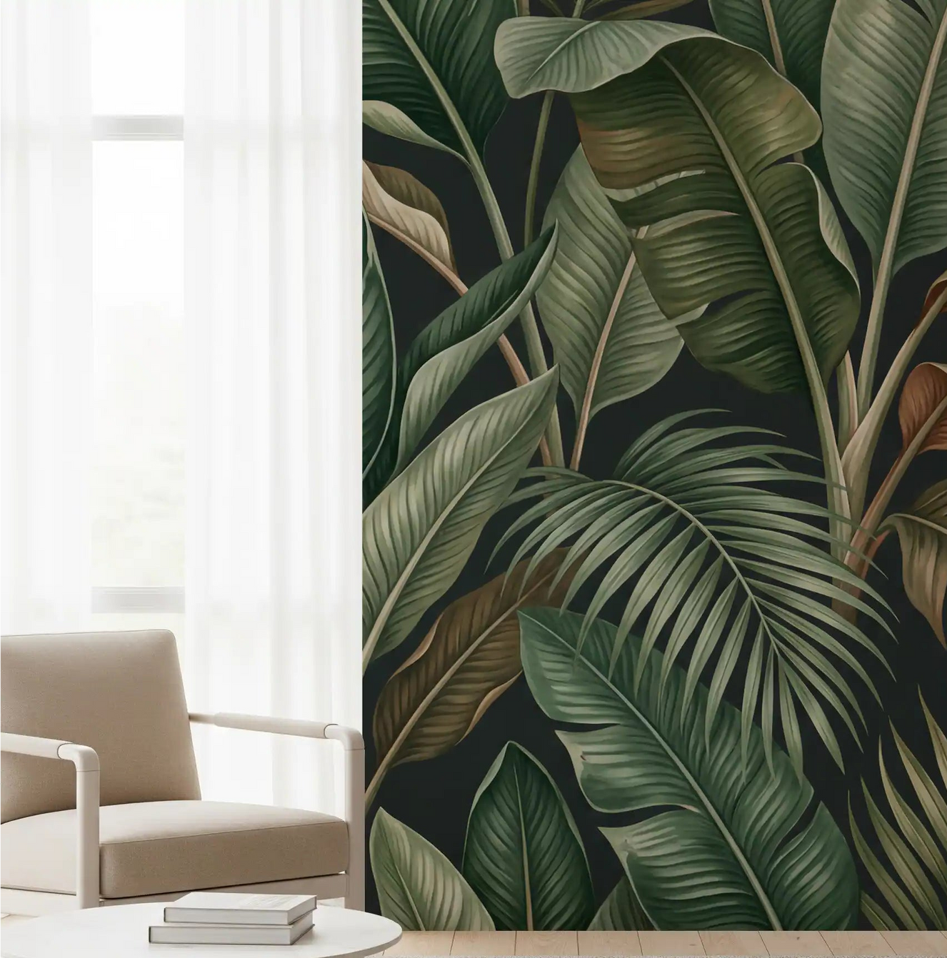 Hallway Tropical Foliage Mystique mural with layered jungle leaves